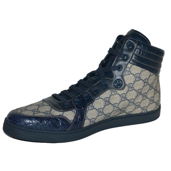 NIB GUCCI GG SUPREME CANVAS MENS HITOP CROCODILE LEATHER TRIM SNEAKERS - Picture 3 of 10